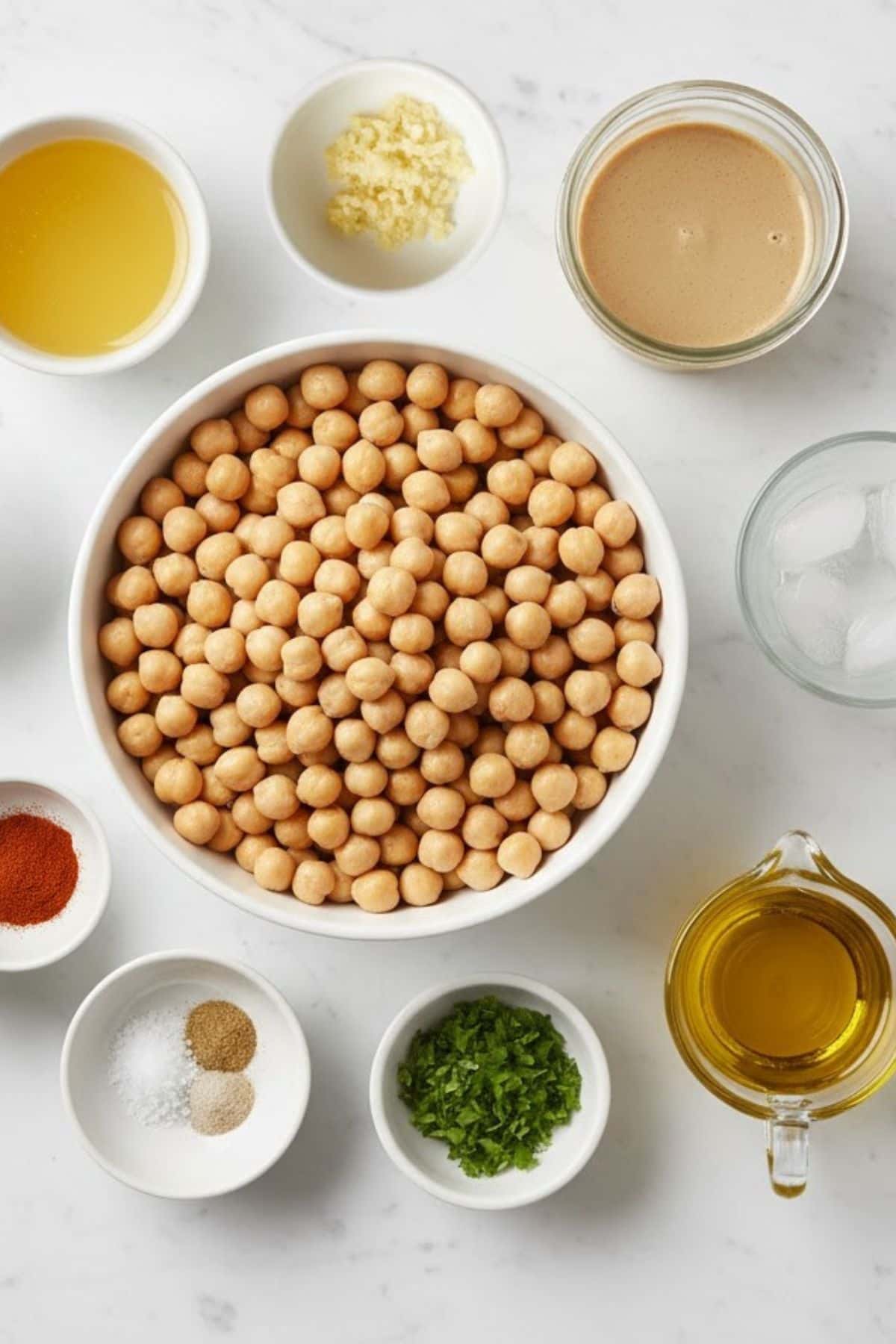 Alt text: Bowls of chickpeas, olive oil, lemon juice, garlic, and spices ready for making hummus.