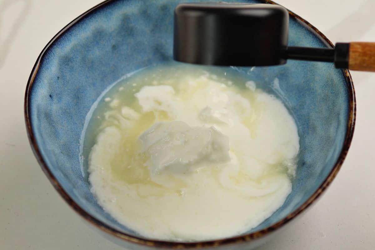 Delicious homemade yogurt in a blue bowl with a black spatula and creamy texture.
