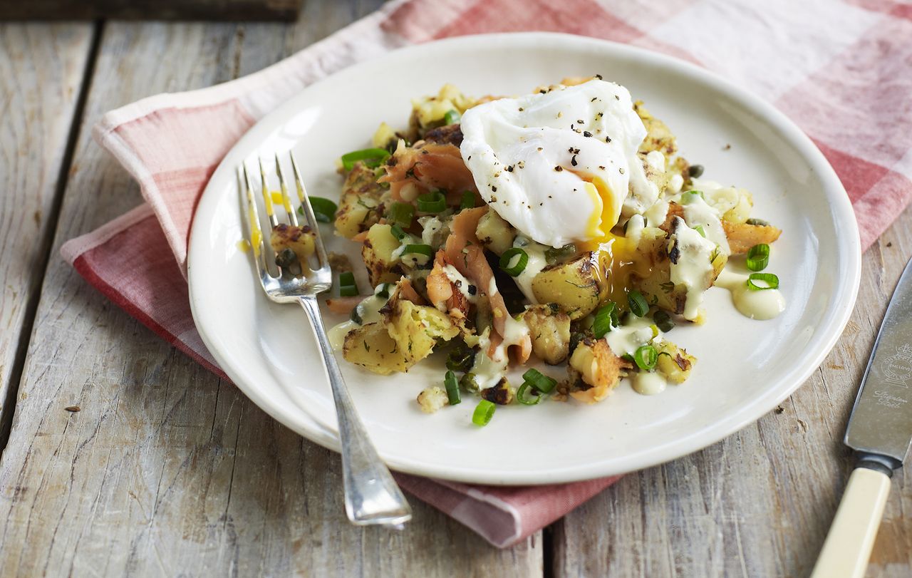 Salmon hash with a poached egg recipe