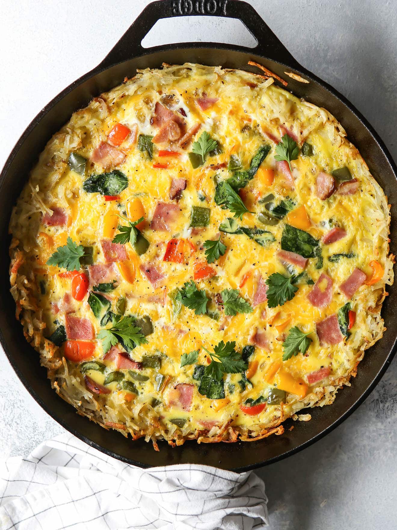 Hash Brown Frittata with Ham, Peppers and Spinach