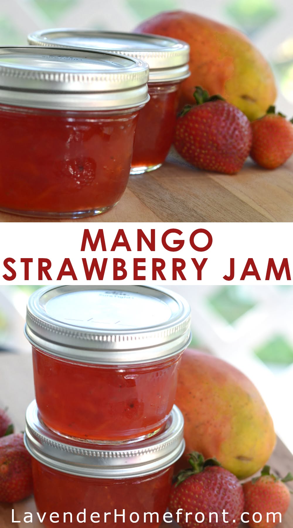 Several jars of mango strawberry jam next to fresh mangoes and strawberries on a wooden surface.