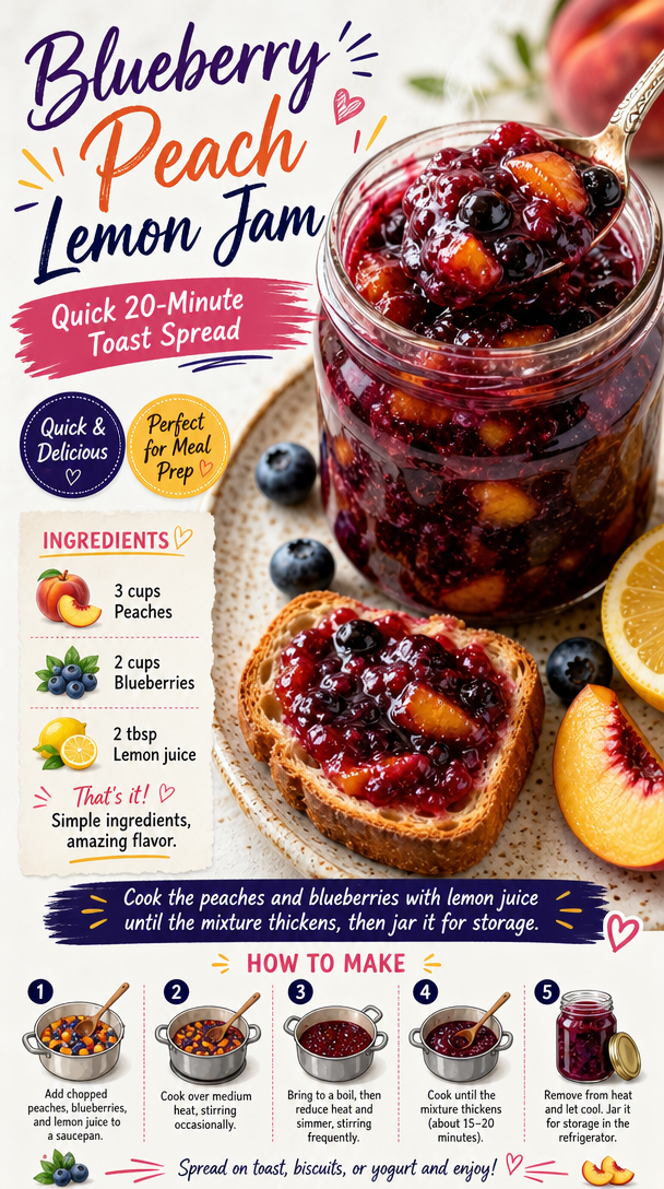 A close-up of blueberry peach lemon jam in a glass jar, with some spread on a slice of toast, next to fresh blueberries and…