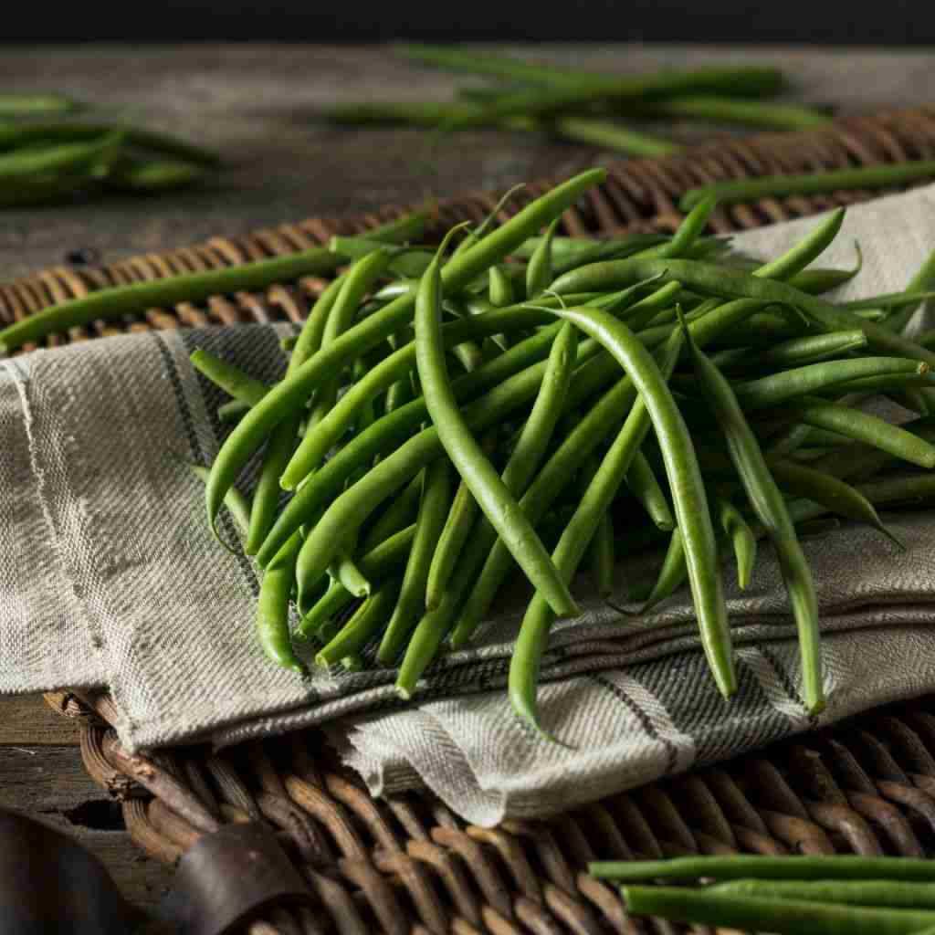 Pile of fresh, bright green beans on a striped linen cloth, resting on a woven basket surface.