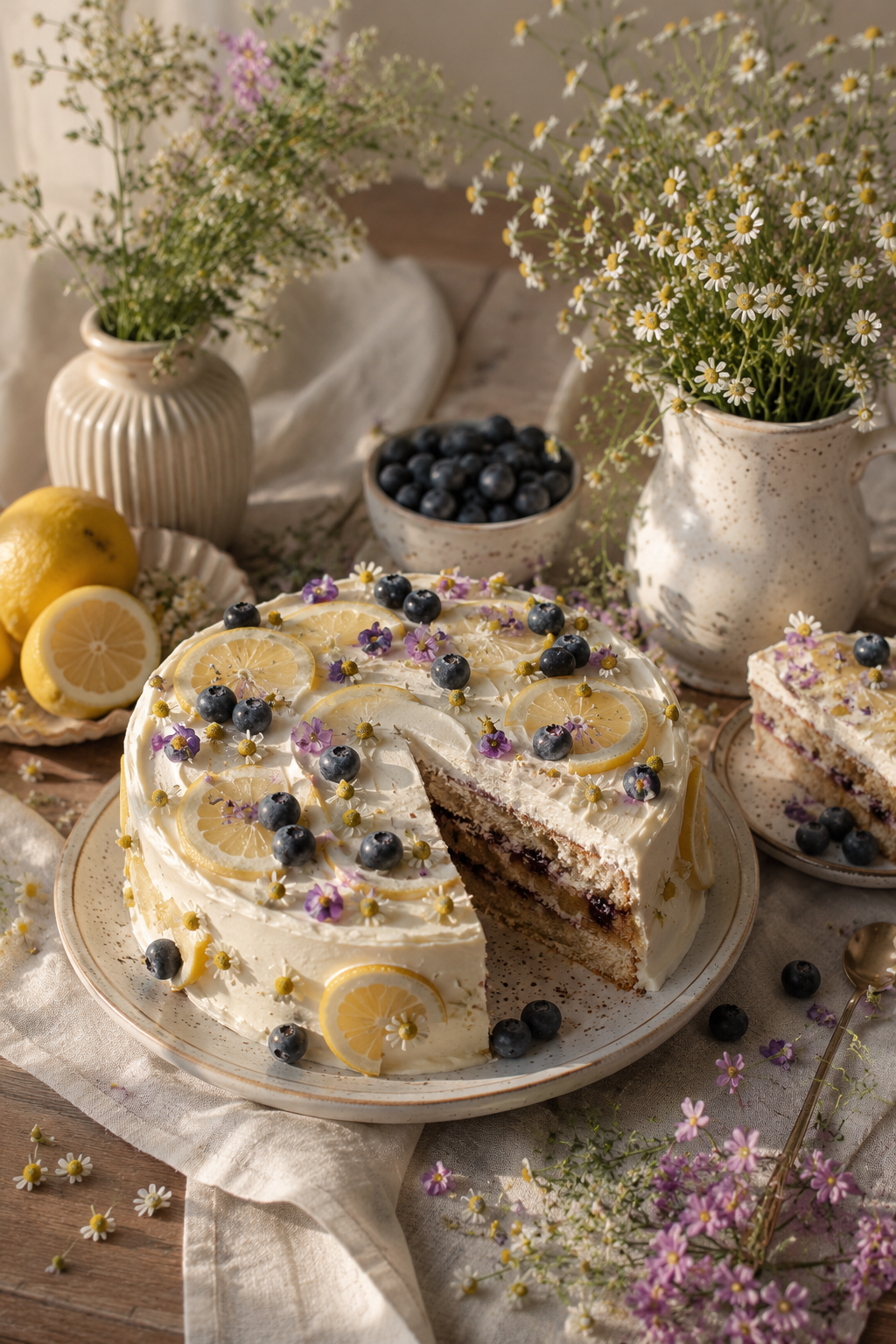 Lemon blueberry cake with a slice removed, showing jam filling, surrounded by fresh lemons and blueberries.