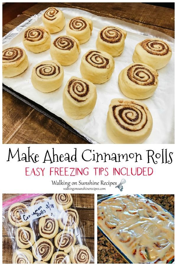 Unbaked cinnamon rolls on a parchment-lined baking sheet, with a bag of frozen rolls and a pan of baked rolls in separate…