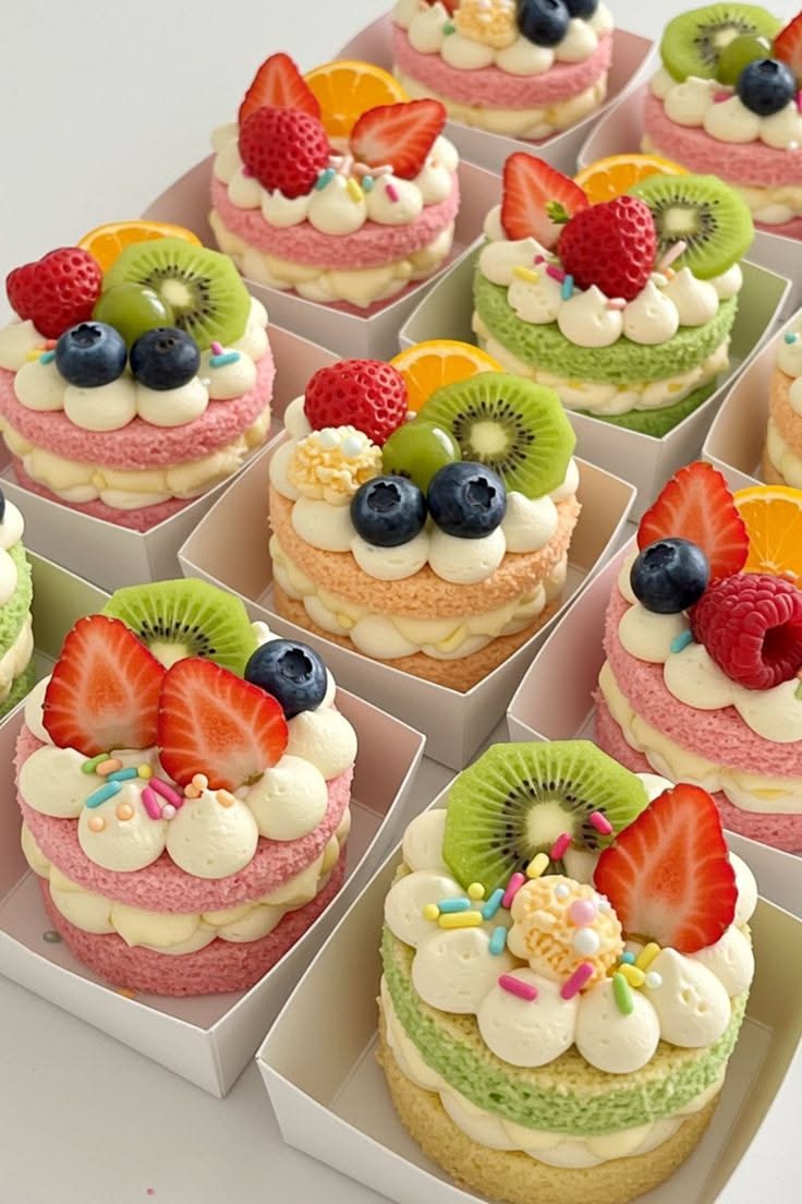 Several mini layer cakes with colorful fruit toppings, each in its own small white box.