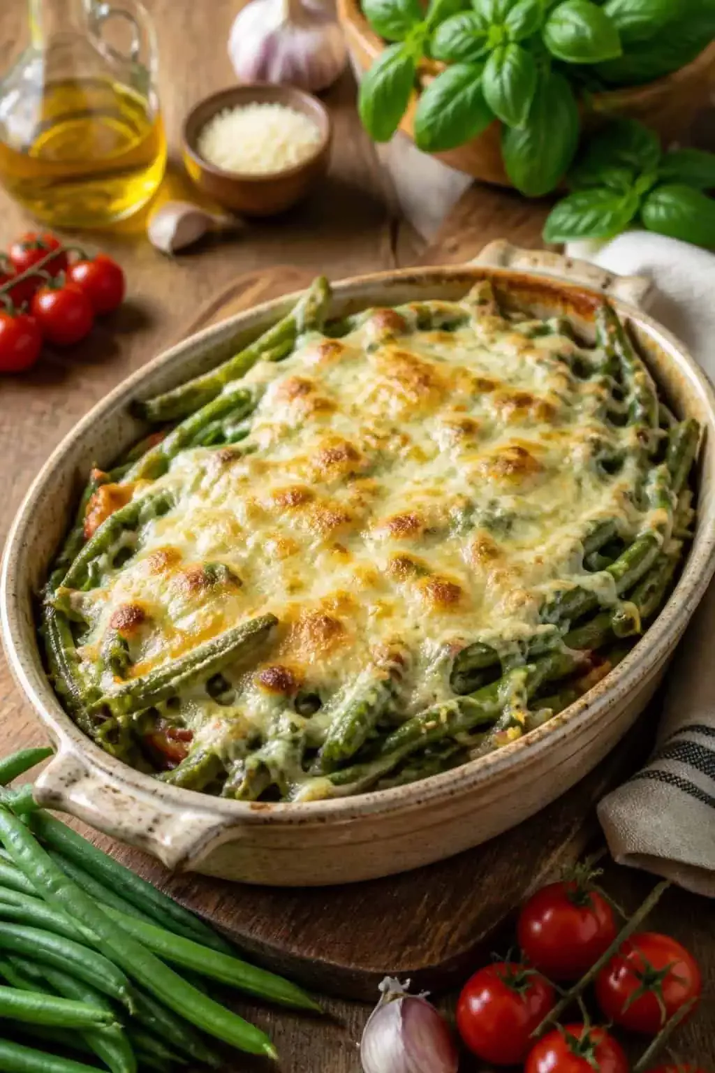 Baked green bean casserole in an oval baking dish, topped with melted, bubbly cheese.