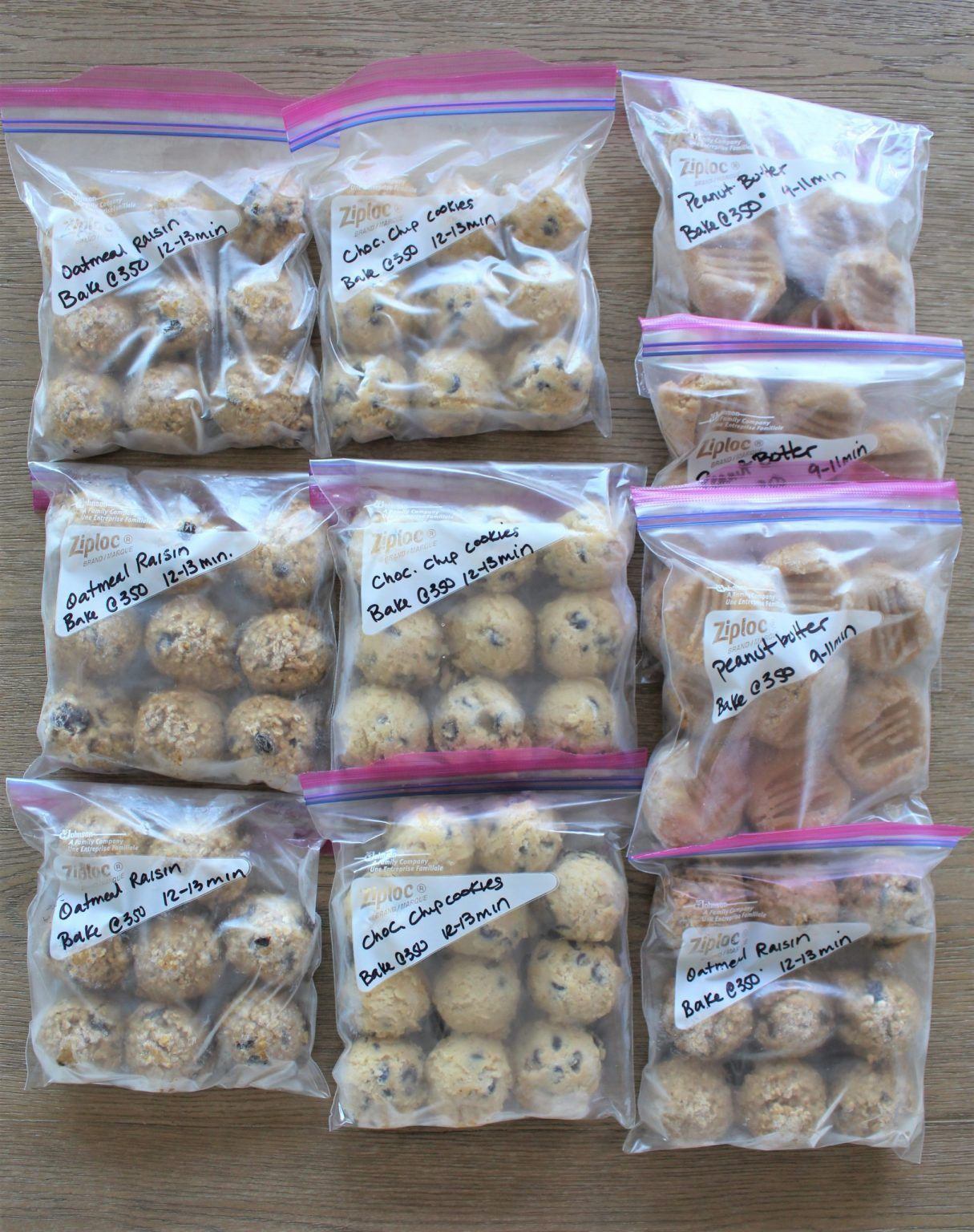 Bags of frozen cookie dough portions, including oatmeal raisin, chocolate chip, and peanut butter varieties.