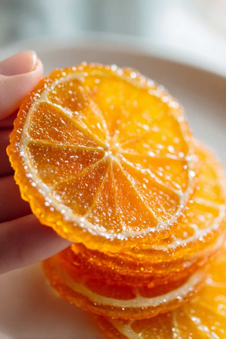 A hand holds up a single candied orange slice, glistening with sugar. More candied slices are stacked below.