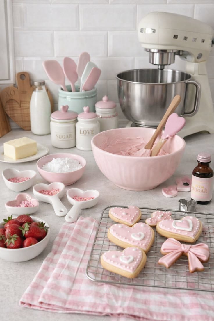 Heart-shaped sugar cookies with pink and white icing on a cooling rack, surrounded by baking ingredients and utensils.