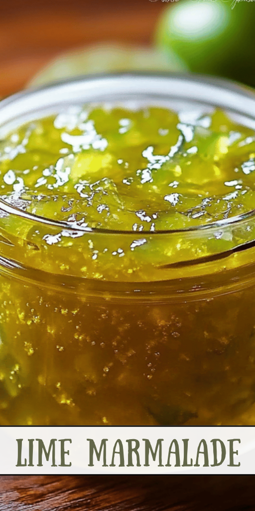 Close up of a glass jar filled with green-yellow chunky lime marmalade.