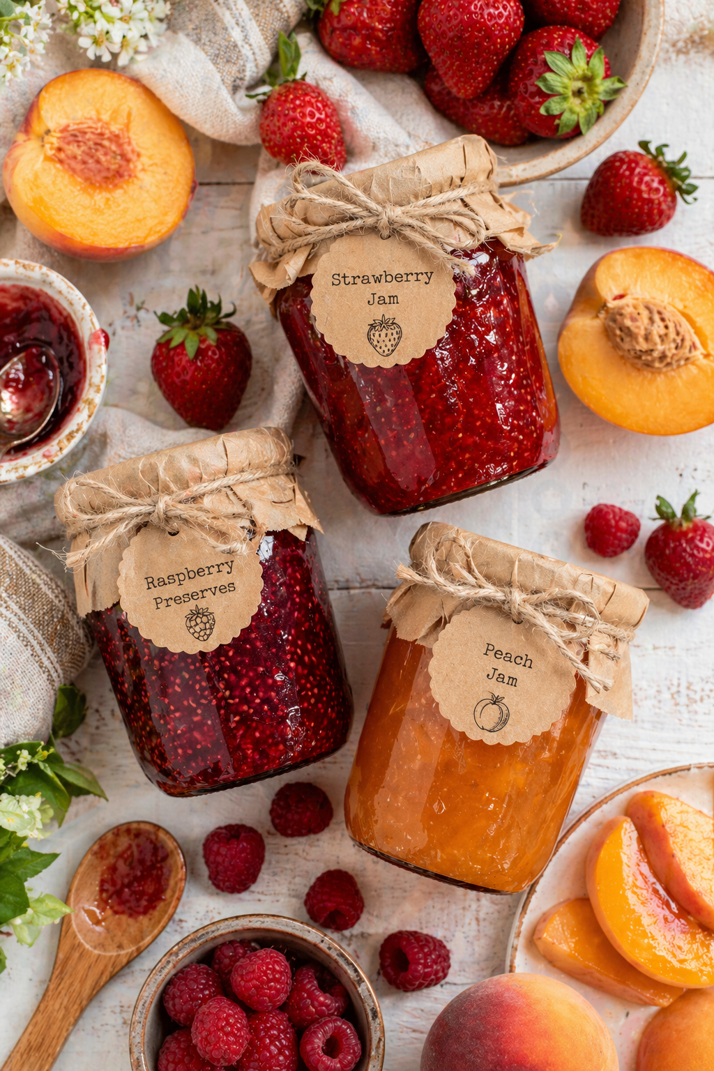 Three jars of homemade fruit preserves: strawberry jam, raspberry preserves, and peach jam. Fresh fruit surrounds the jars.
