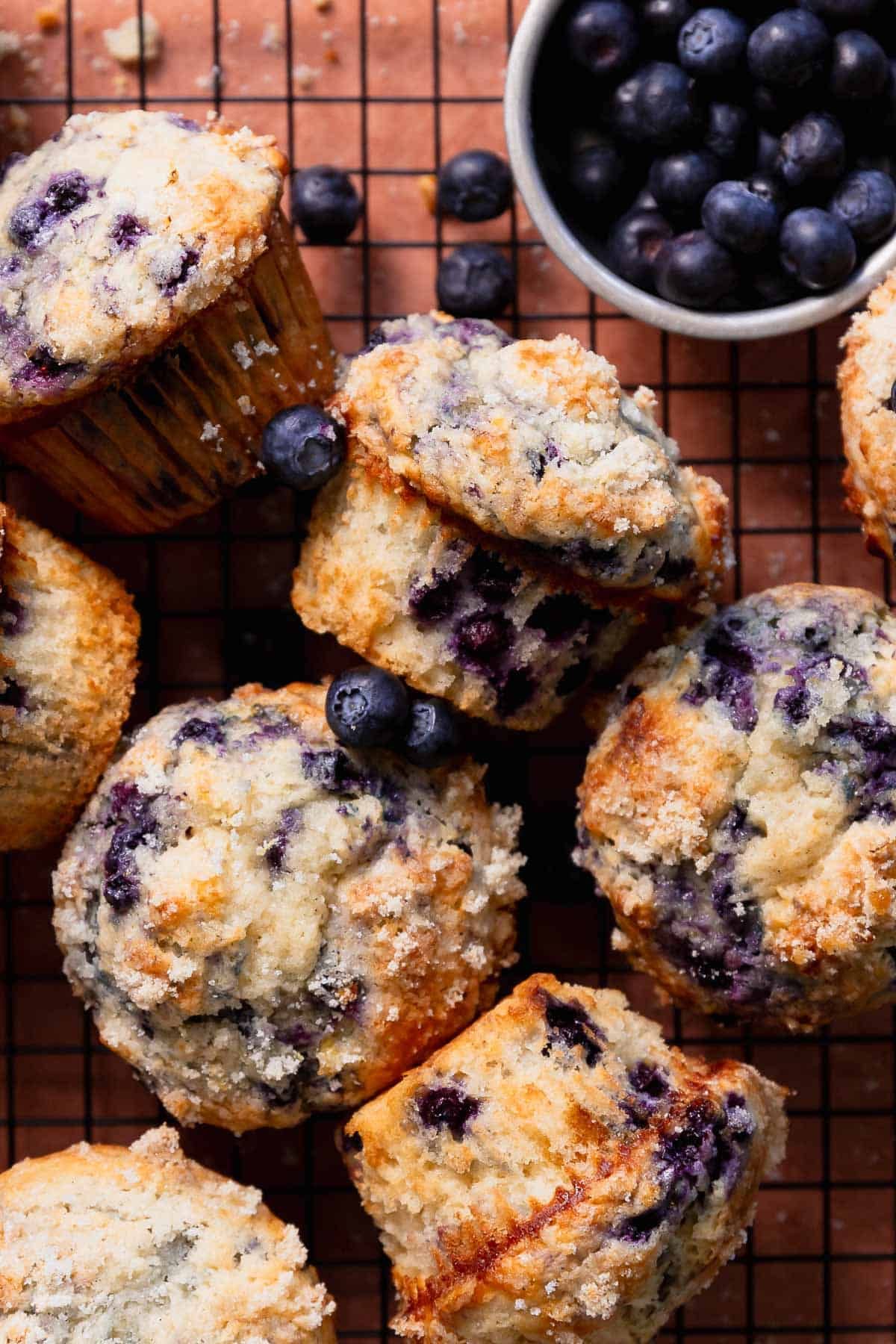Several freshly baked blueberry muffins on a wire cooling rack, with a small bowl of fresh blueberries beside them.