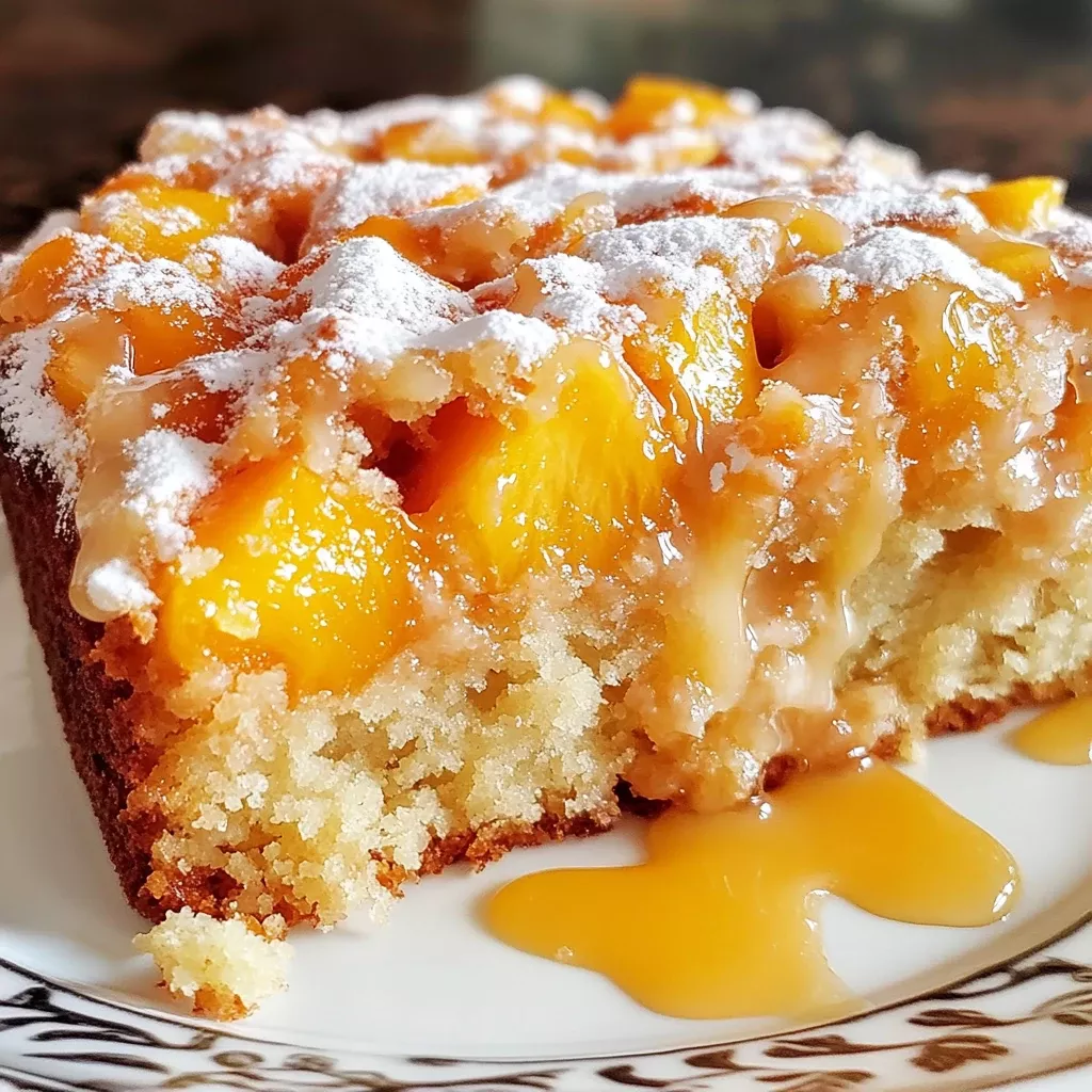 Cake slice topped with peach preserves, drizzled with glaze and dusted with powdered sugar, on a white plate