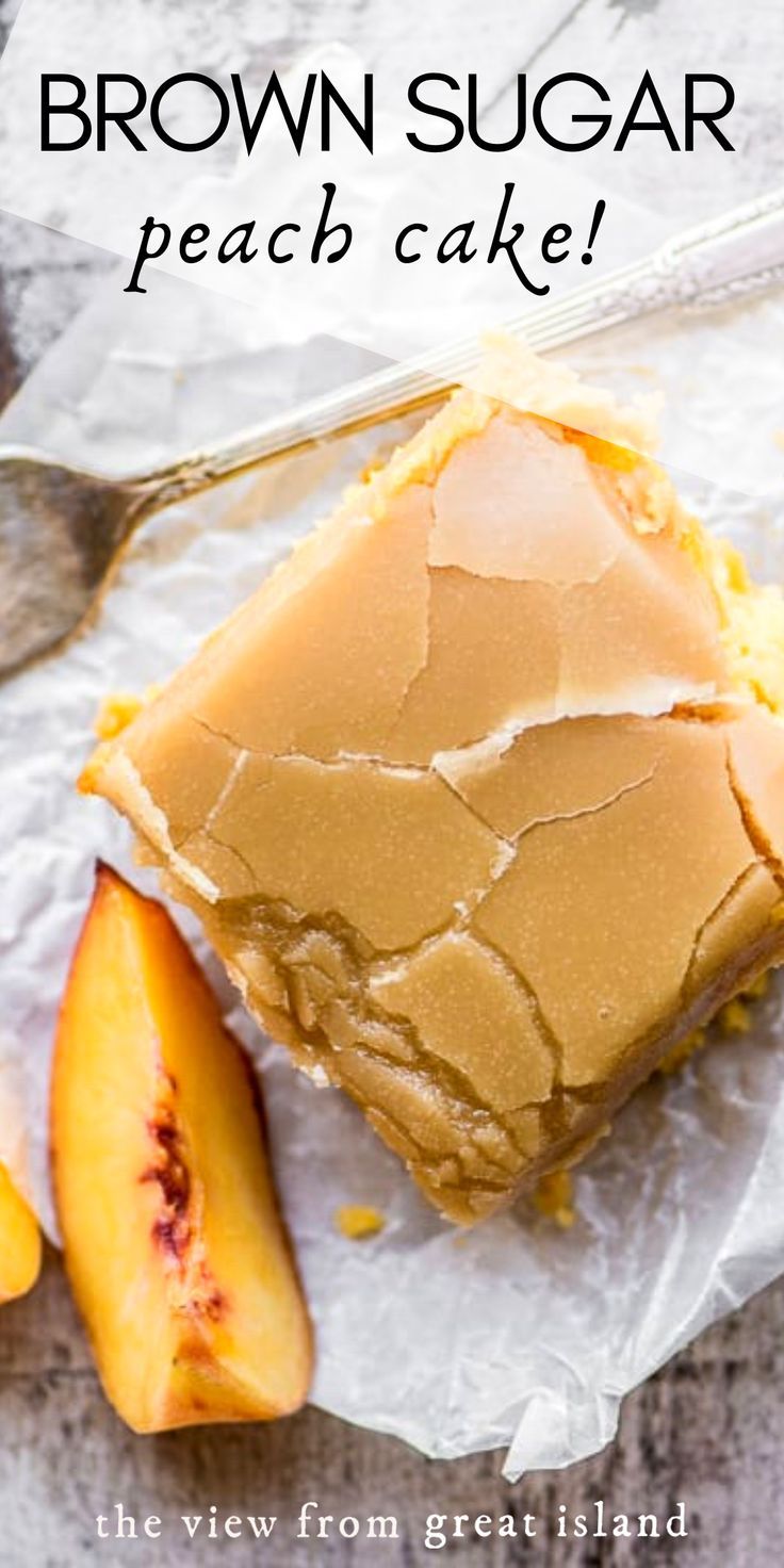 A slice of brown sugar peach cake with a cracked, caramel-like topping, next to a fresh peach wedge and a fork.