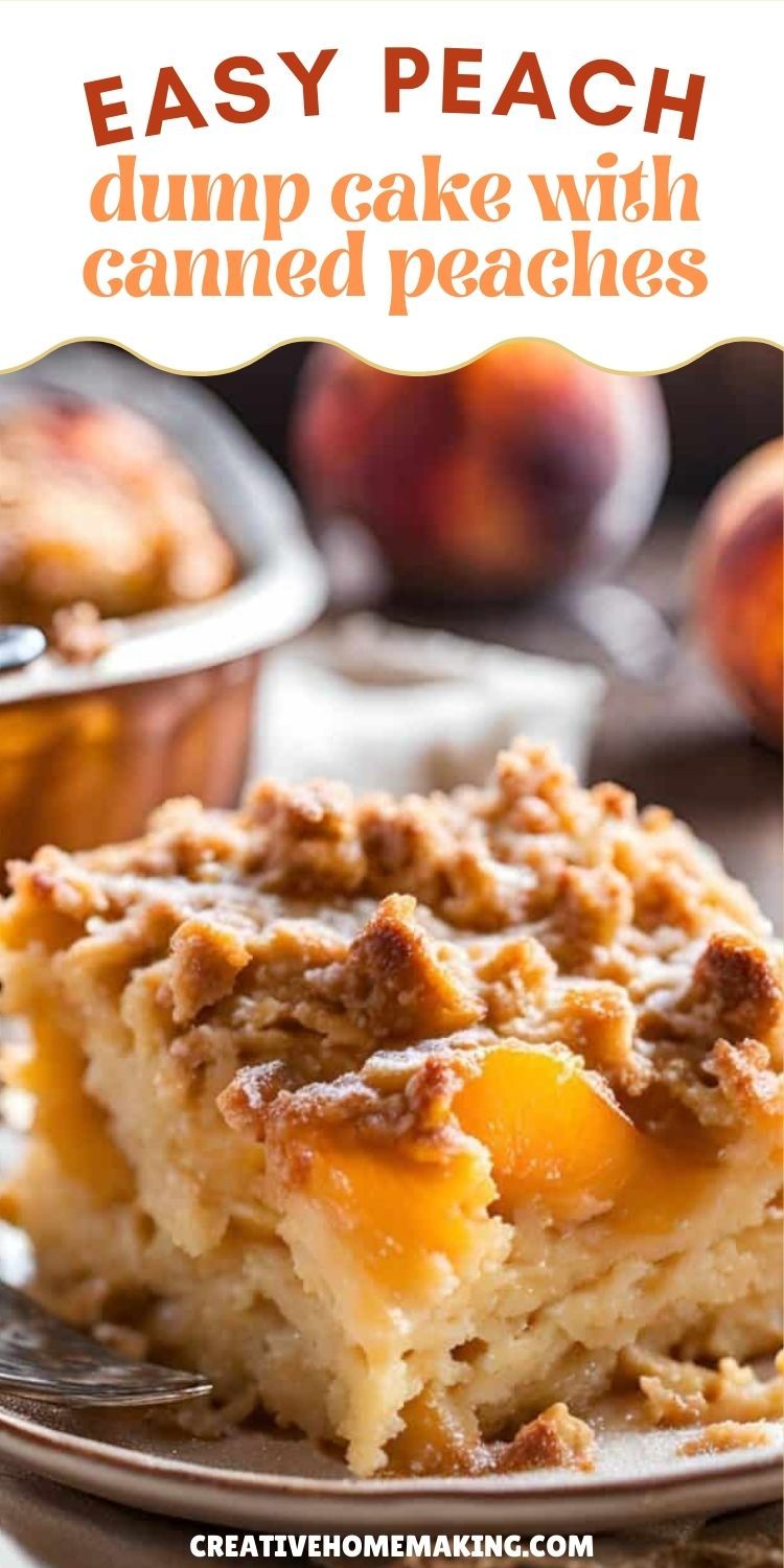 Close-up of a slice of peach dump cake with a golden-brown crumb topping, served on a plain white plate.