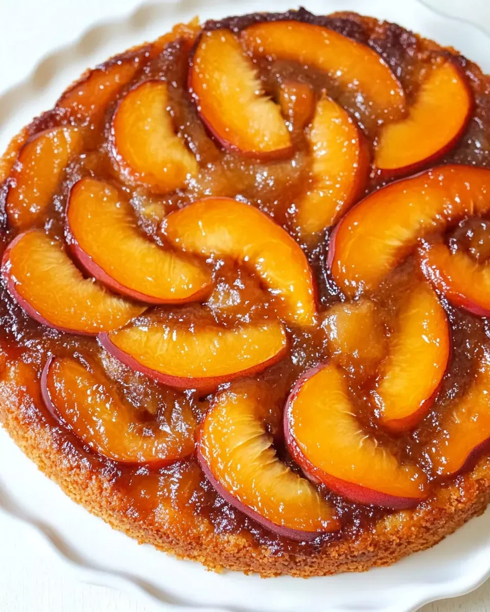 Close-up of a circular peach upside-down cake with caramelized peach slices on top.