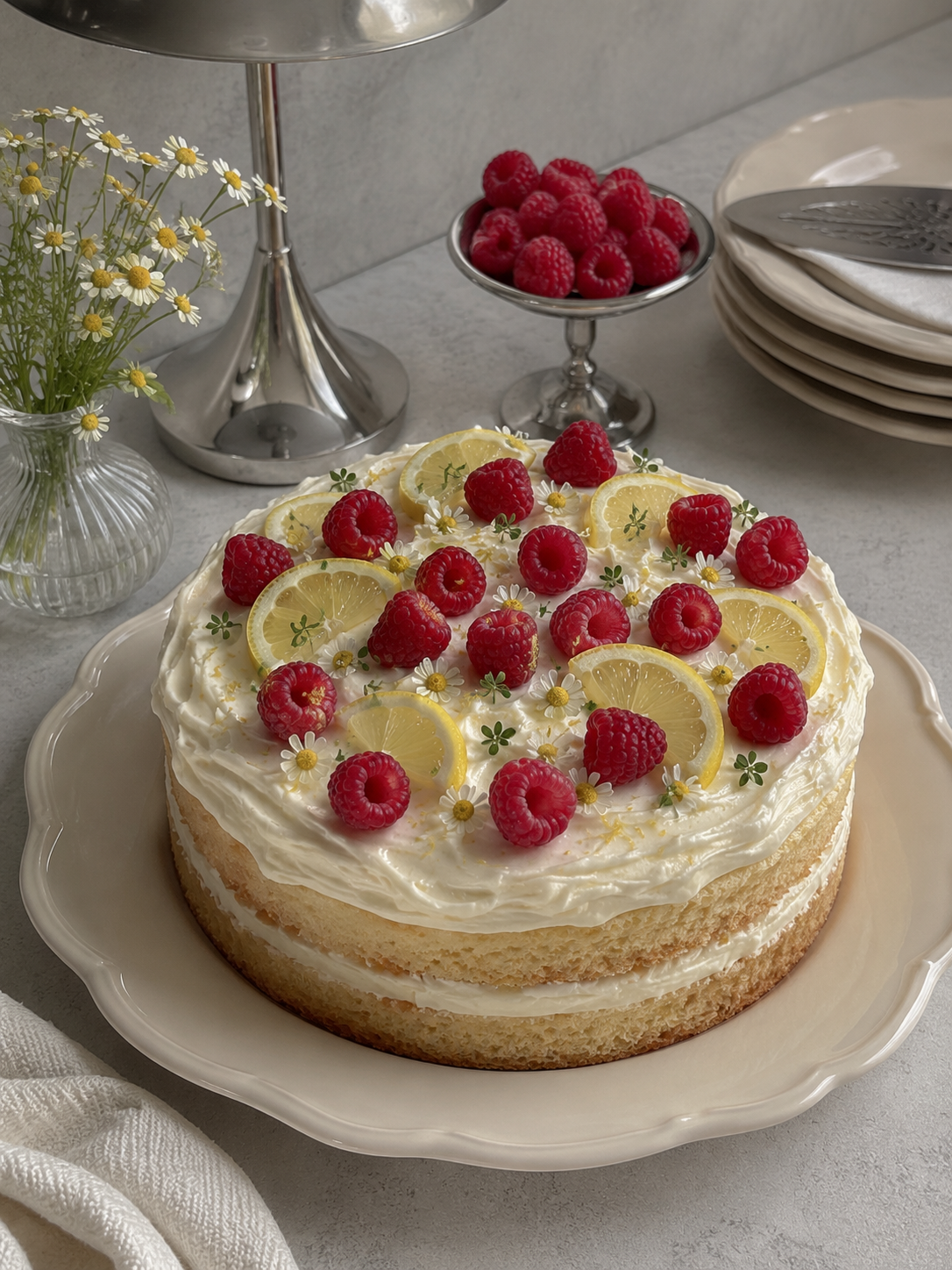 Lemon raspberry layer cake with white frosting, lemon slices, fresh raspberries, and small white flowers on top