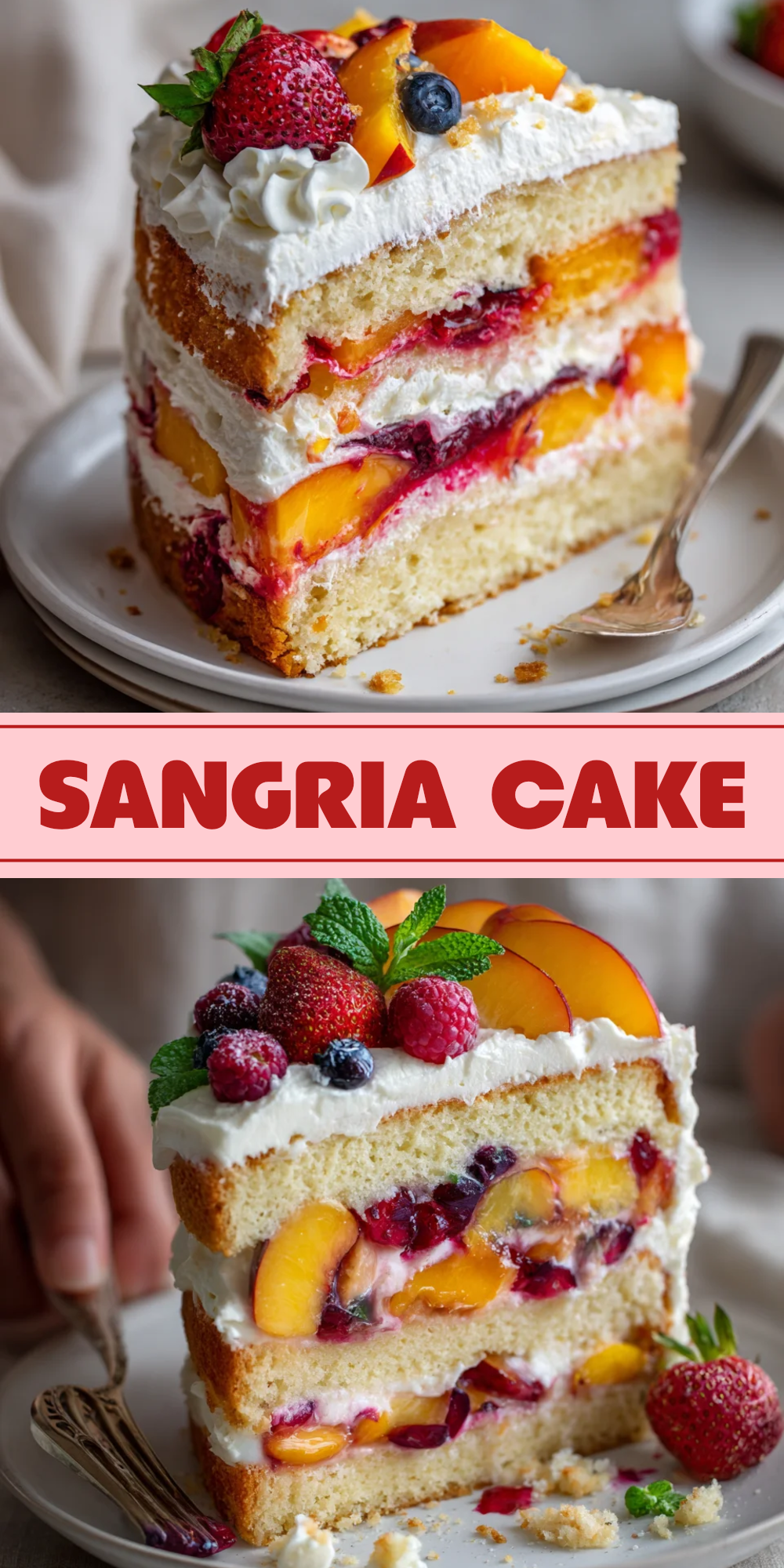 Slice of layer cake with white whipped cream frosting, sliced peaches, and berries between cake layers, topped with more…