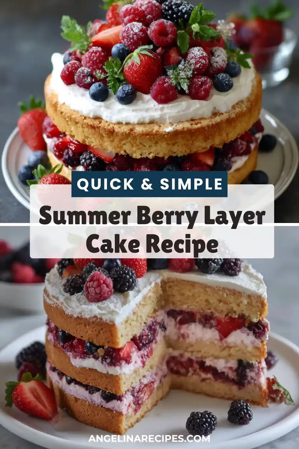 A full-sized berry layer cake with fresh raspberries, blueberries, and strawberries on top, alongside a slice removed…