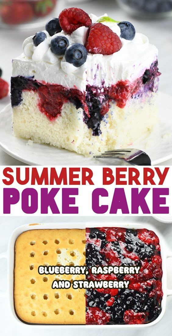 Slice of berry poke cake with a spoonful taken out, showing white cake, mixed berry filling, and whipped cream topping with…
