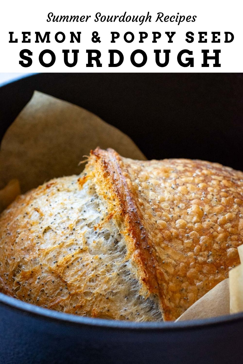 Close-up of a baked lemon poppy seed sourdough loaf with a golden crust, scored down the middle, in a Dutch oven with…