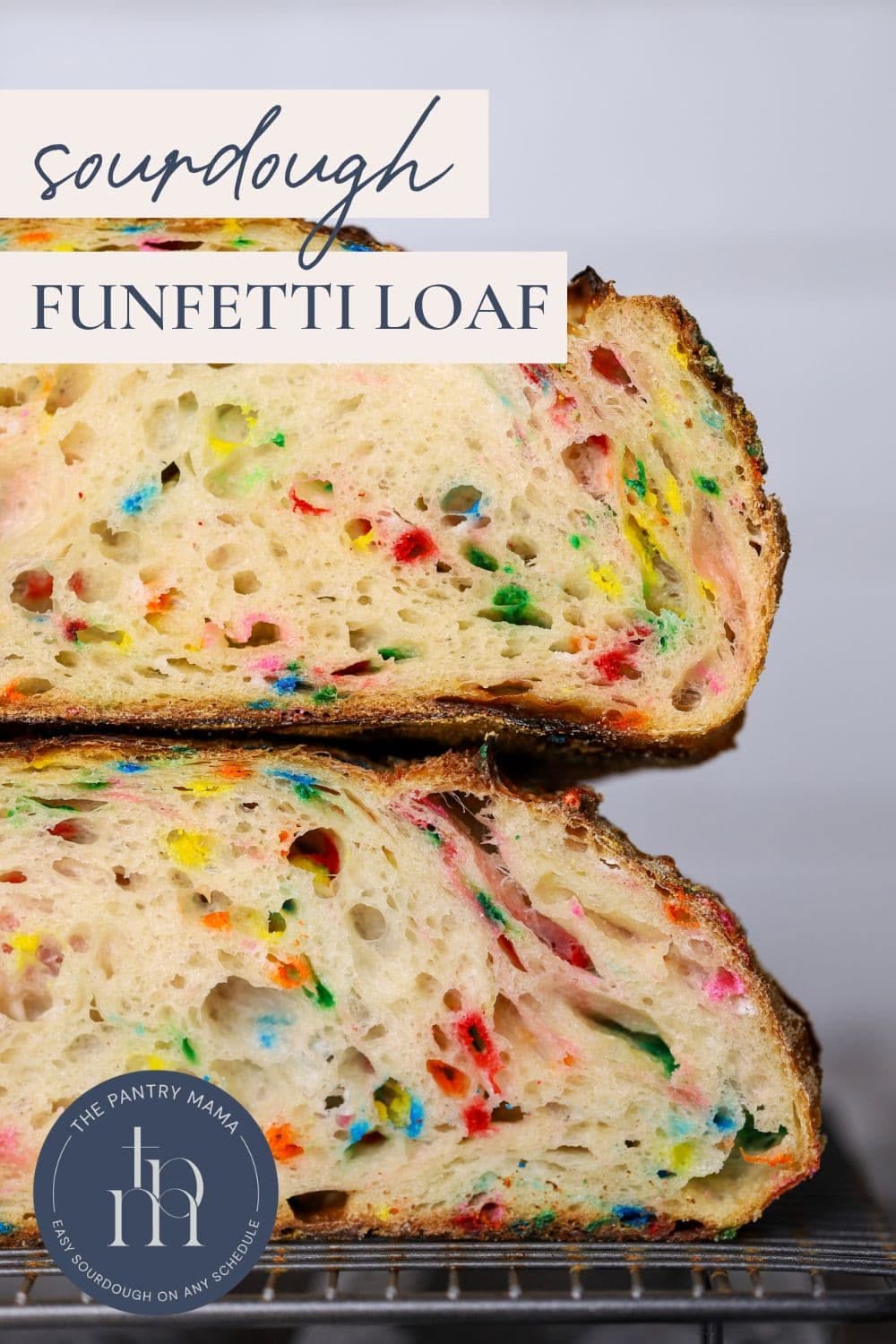 Close-up of a sliced funfetti sourdough bread, showing colorful sprinkles baked into the crumb.