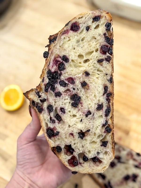 A hand holds a large slice of sourdough bread studded with blueberries, with a lemon half in the background.