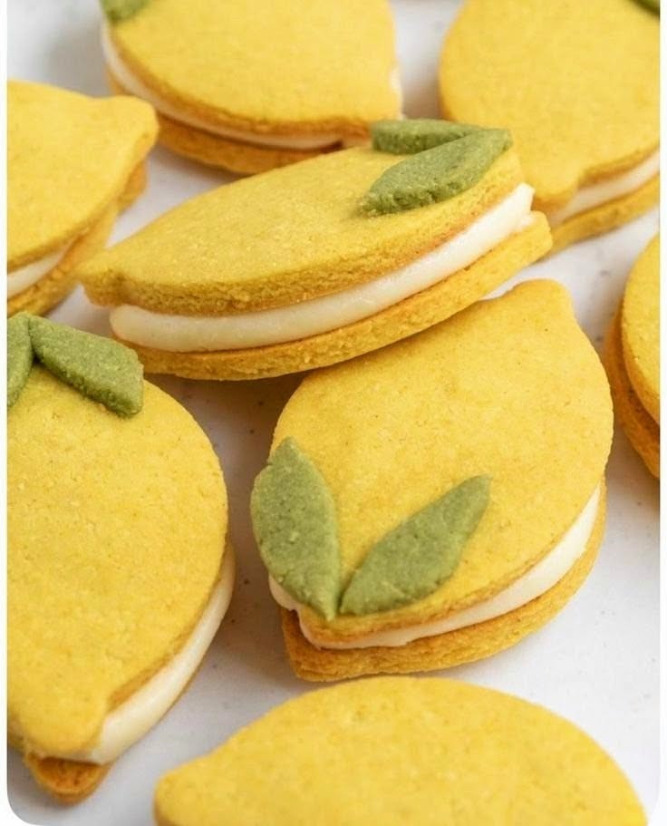 Close-up of several lemon-shaped sandwich cookies with green leaf details and white cream filling.