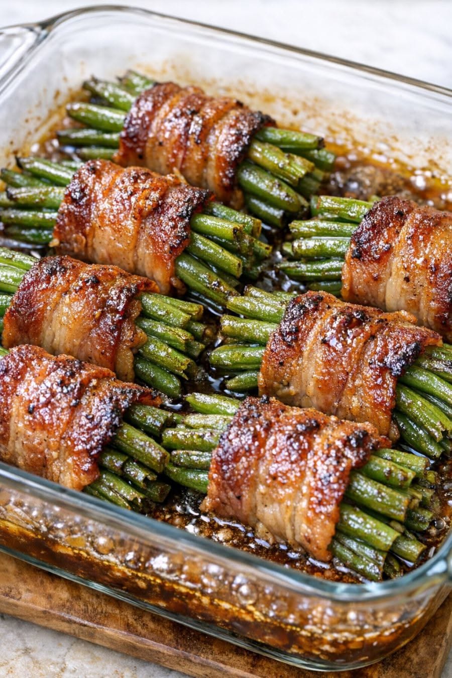Baked green bean bundles wrapped in bacon, arranged in a glass baking dish with savory sauce at the bottom.