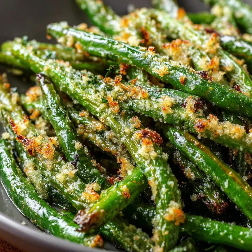 Close-up of roasted green beans with a golden-brown garlic Parmesan topping in a dark bowl.