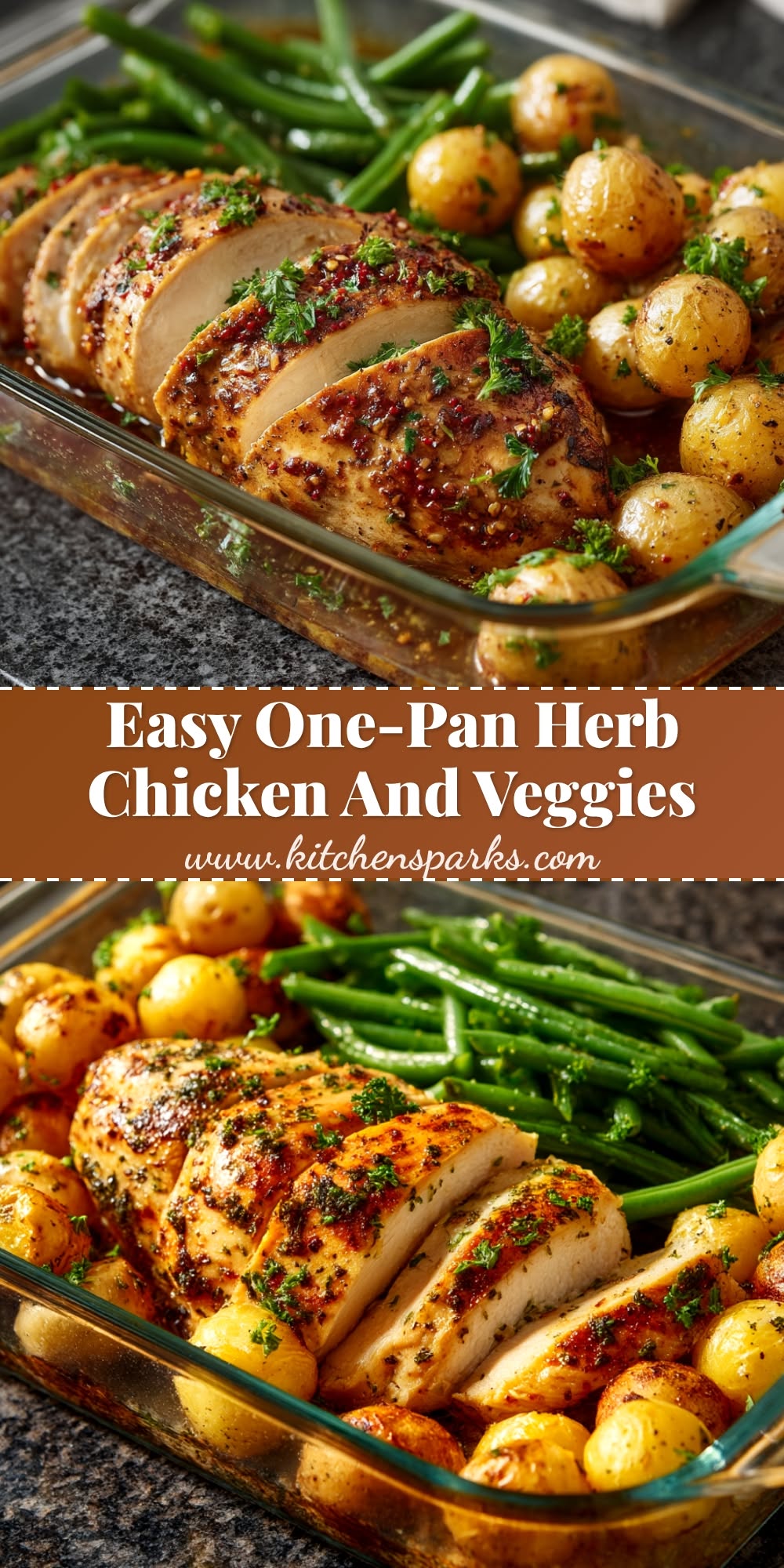Baked chicken breast, sliced, alongside whole green beans and small potatoes, in a glass baking dish.