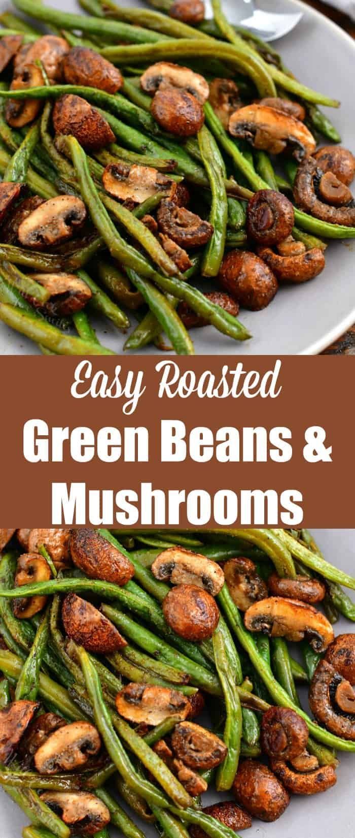 Close-up of roasted green beans and sliced mushrooms on a plate.