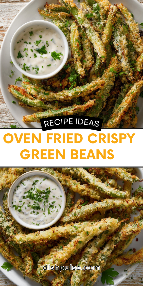 Plateful of breaded green beans with a dipping sauce garnished with parsley