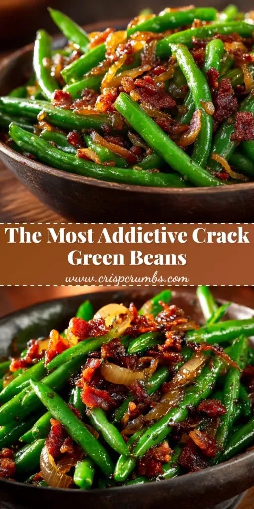 Close-up of green beans with crispy bacon pieces and caramelized onions.
