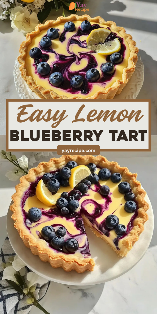 Lemon blueberry tart with a slice removed, displaying the swirled filling and fresh fruit on top