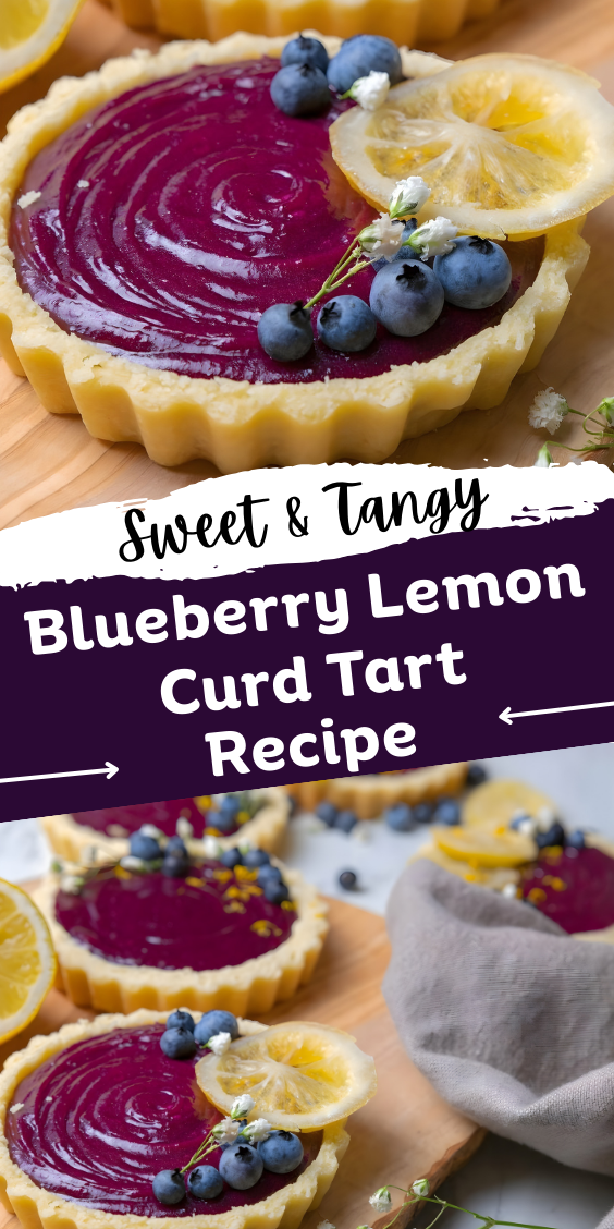 Close up of a single blueberry lemon curd tart on a wooden board, garnished with fresh blueberries and a lemon slice.