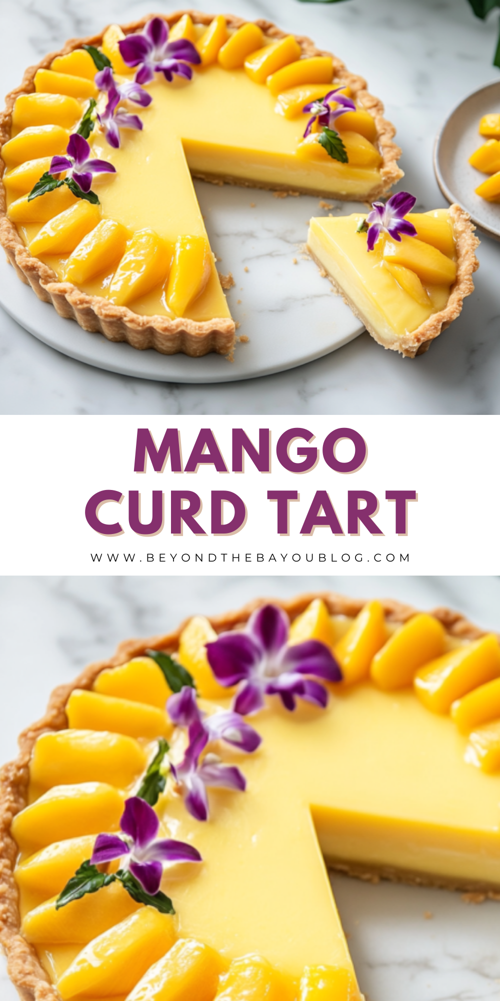 Mango curd tart with a slice removed, garnished with fresh mango pieces and purple orchid blooms