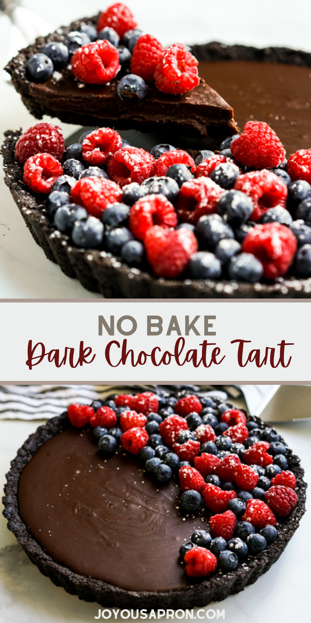 A slice of dark chocolate tart with raspberries and blueberries is lifted from the whole tart.