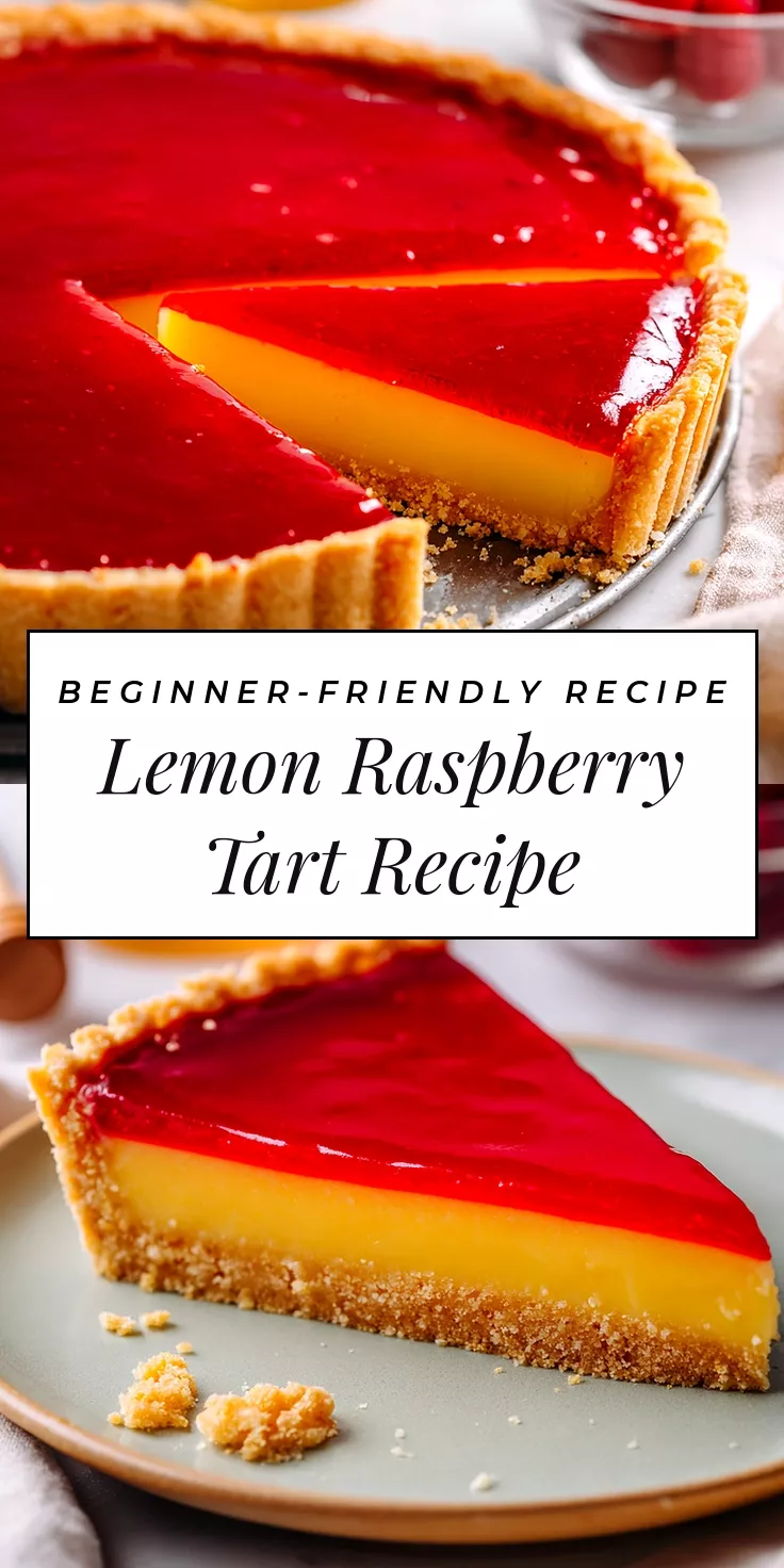 Lemon raspberry tart with a slice removed, revealing the yellow lemon layer beneath a bright red raspberry topping.