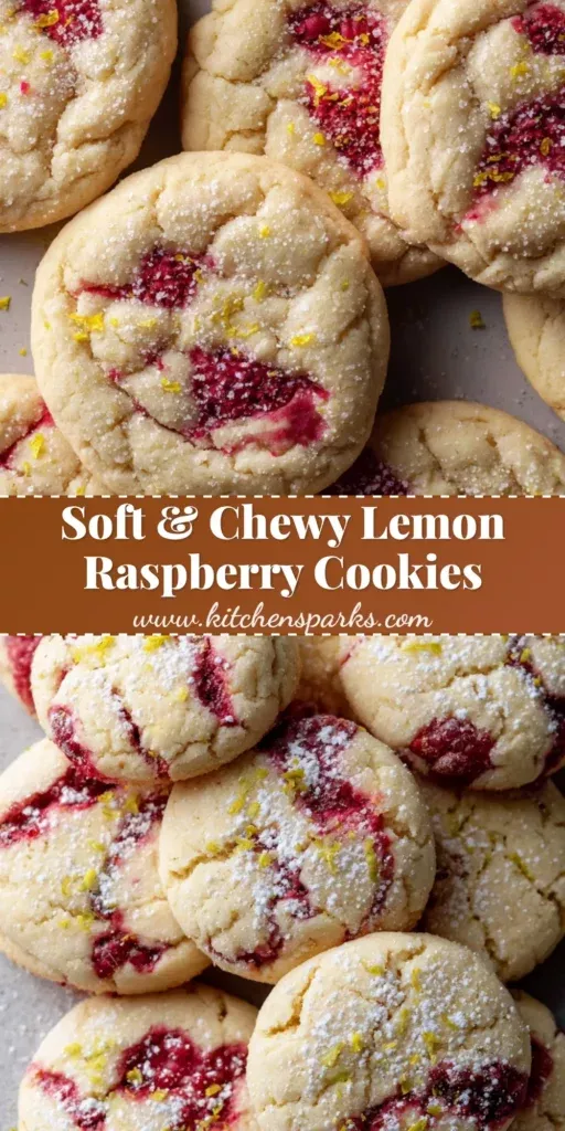 Close-up of several round lemon raspberry cookies, dusted with powdered sugar and lemon zest.