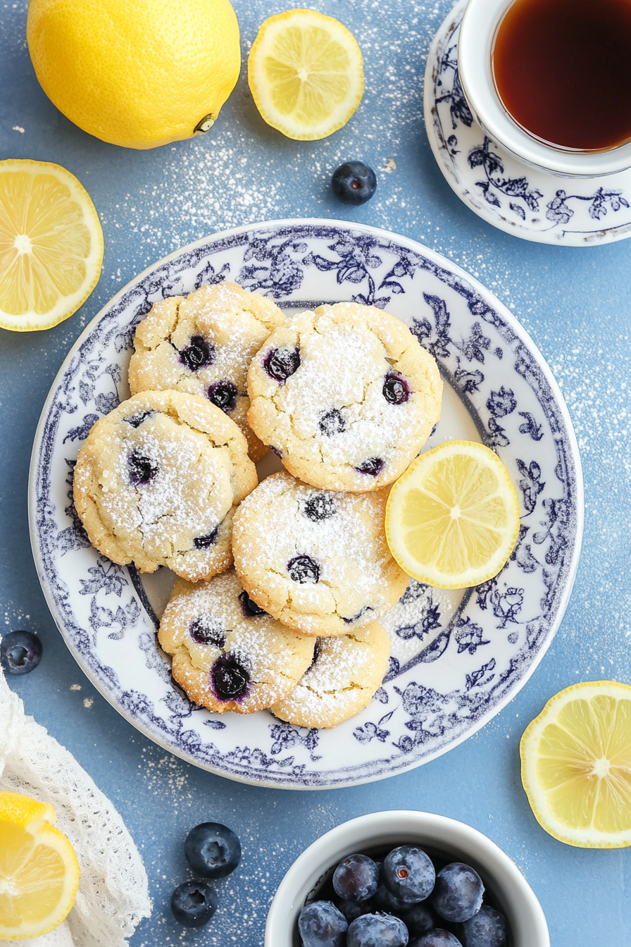 Lemon and blueberry cookies on a patterned plate, surrounded by whole lemons, sliced lemons, and fresh blueberries.