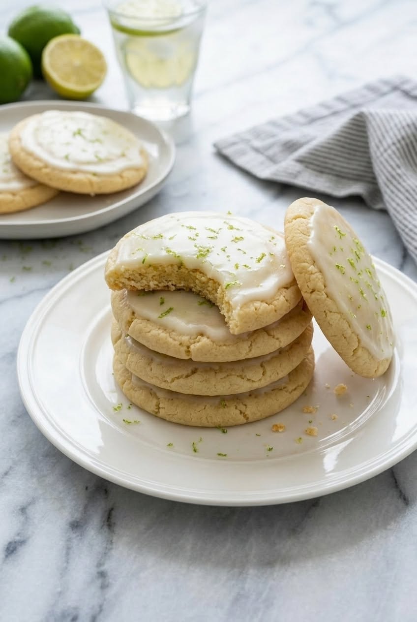 A stack of five round, iced key lime cookies on a white plate, with one cookie removed from the stack and a bite taken out…