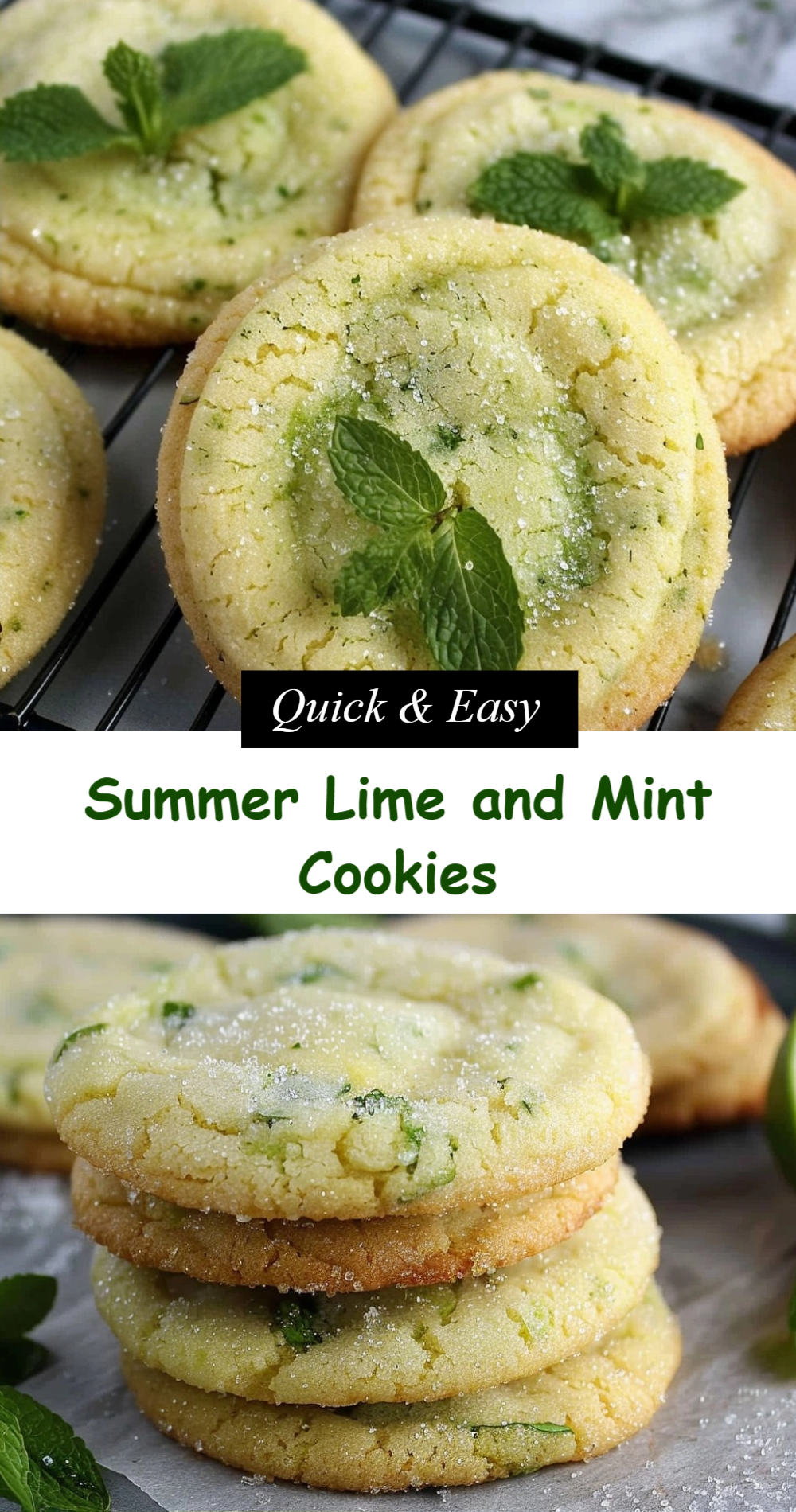 Several round, pale green cookies, some with a fresh mint leaf on top, cooling on a rack and stacked on a counter.