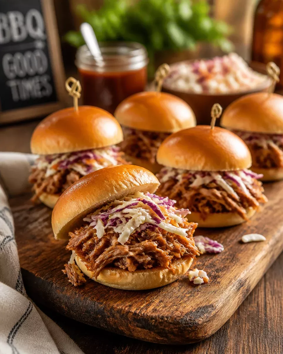 Pulled pork sliders with coleslaw on a cutting board, with a jar of sauce and a bowl of coleslaw in the background
