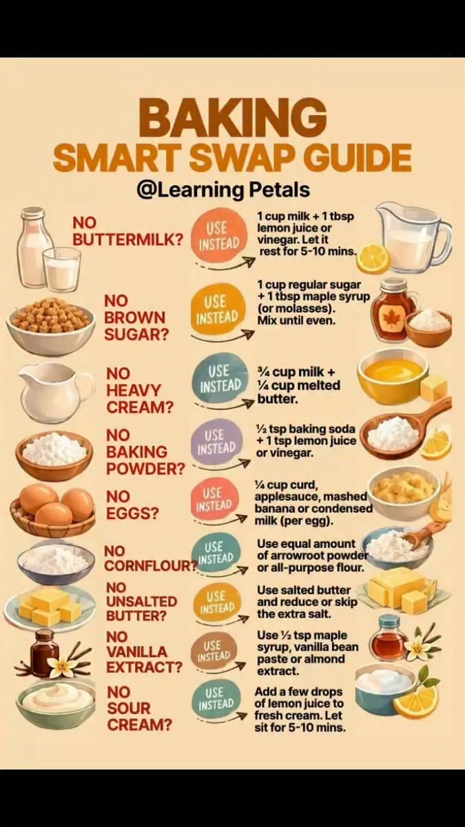Baking ingredient substitution chart showing swaps for buttermilk, brown sugar, heavy cream, baking powder, eggs, cornflour…