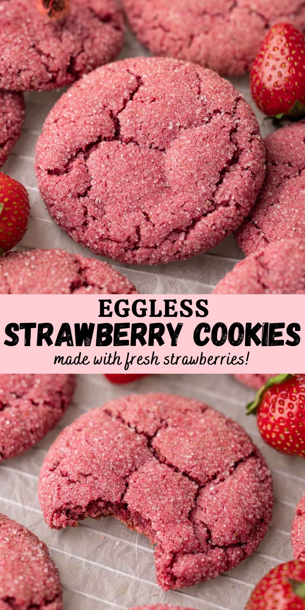 Round, red sugar cookies with a crackled texture, sprinkled with sugar, alongside fresh strawberries.