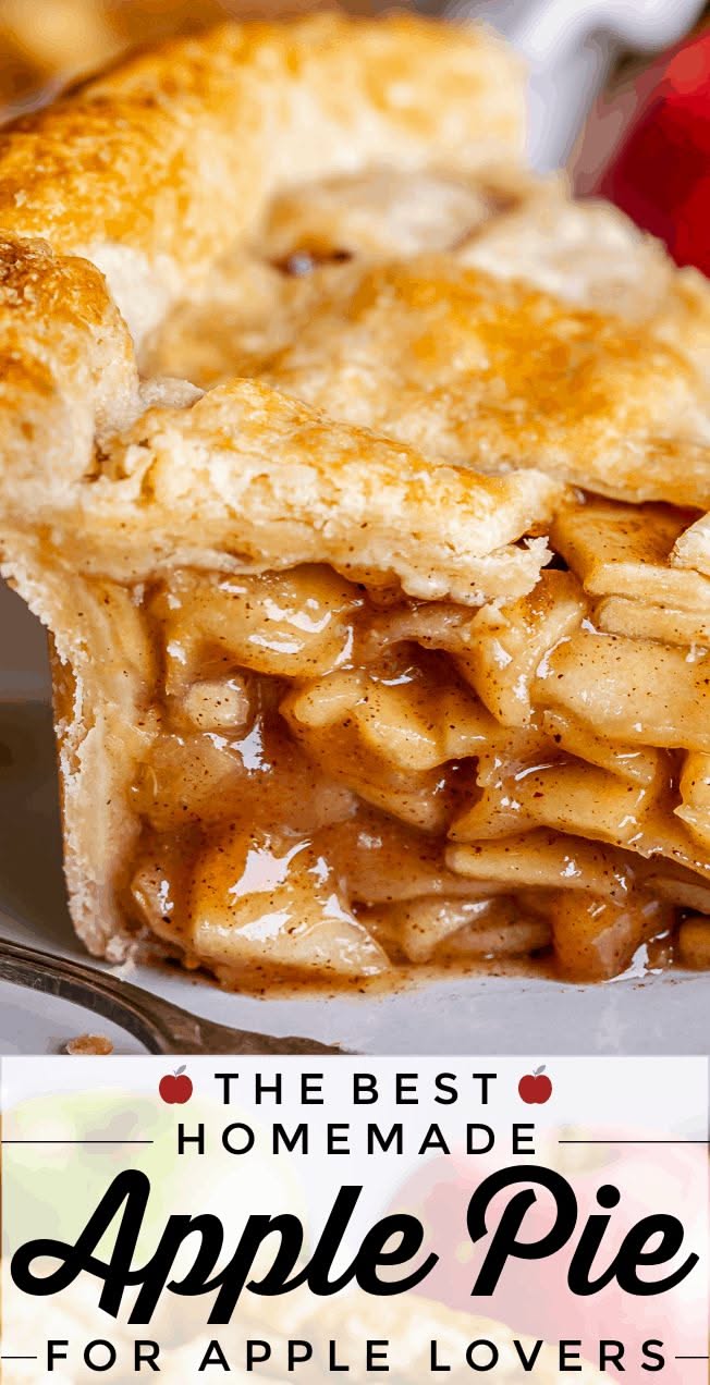 Close-up of a slice of apple pie, showing the golden-brown flaky crust and cinnamon-spiced apple filling.
