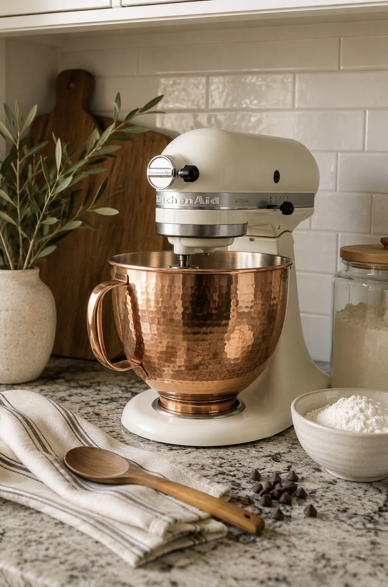 Cream KitchenAid Artisan stand mixer with a hammered copper bowl on a kitchen counter with baking ingredients.