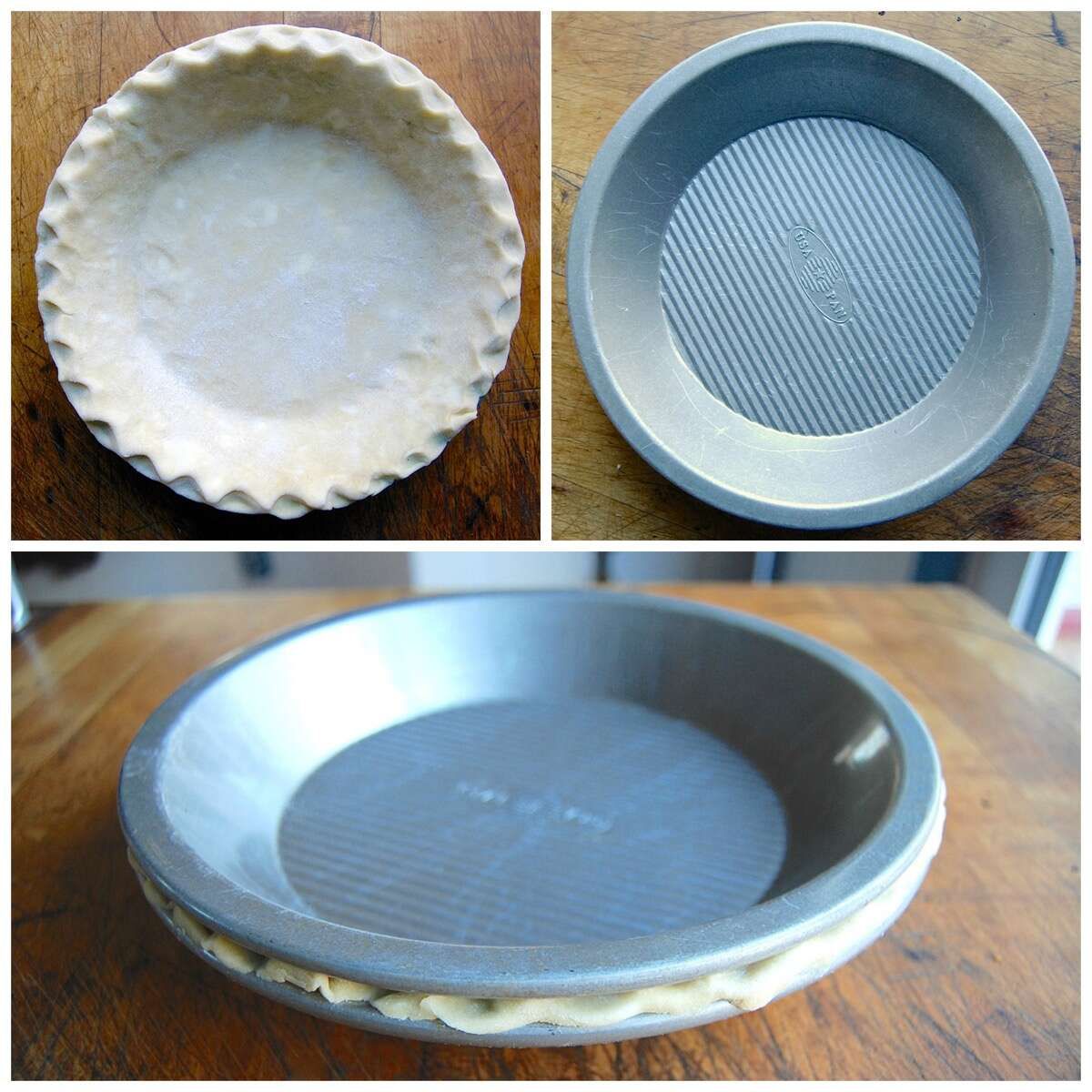Top left, unbaked pie crust in a metal pie plate. Top right, an empty metal pie plate.